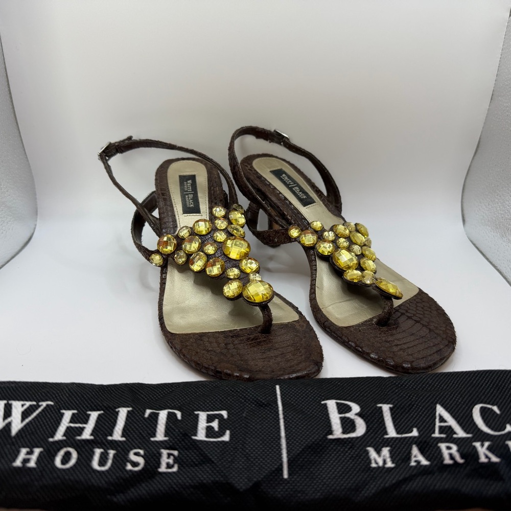 White House Black Market Brown Leather Sandals with Yellow Gem Accents